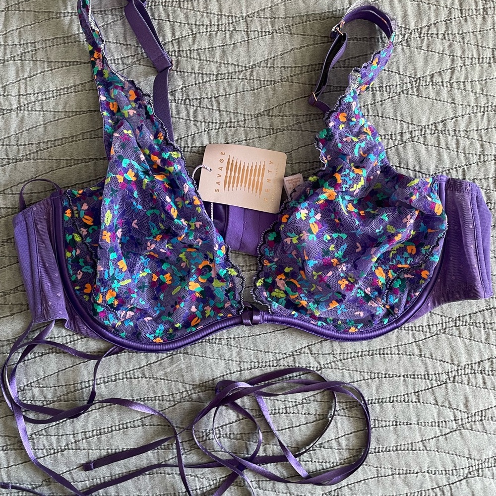 NWT Savage X Fenty Purple Steamy Lace Multi-colored Flowered Bra Size 42 D